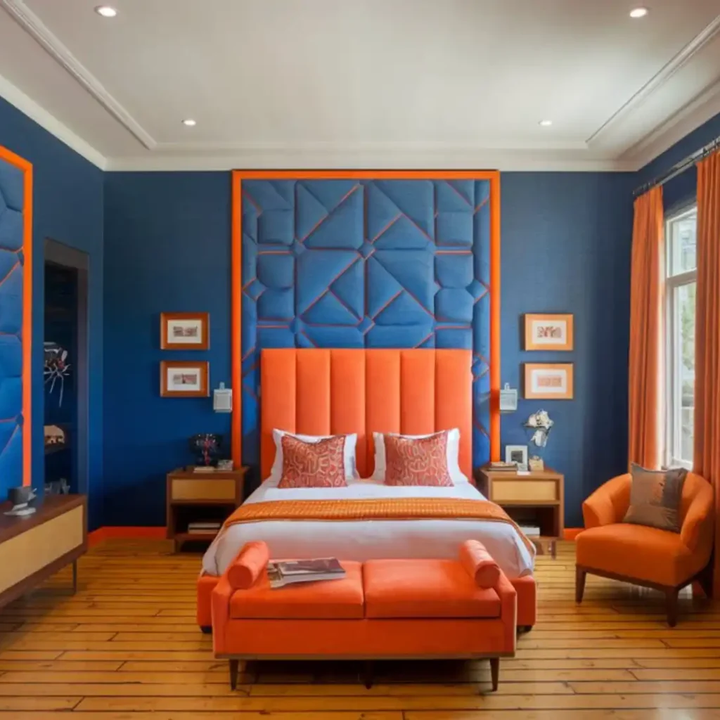 blue and orange bedroom design