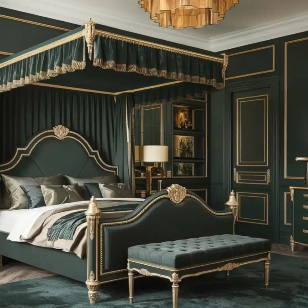 dark green and gold bedroom